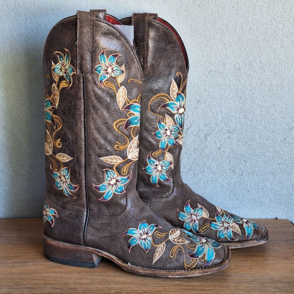 Macie Bean Womens 9 Floral Embroidered Glitterific Cowboy Boots Brown Square Toe